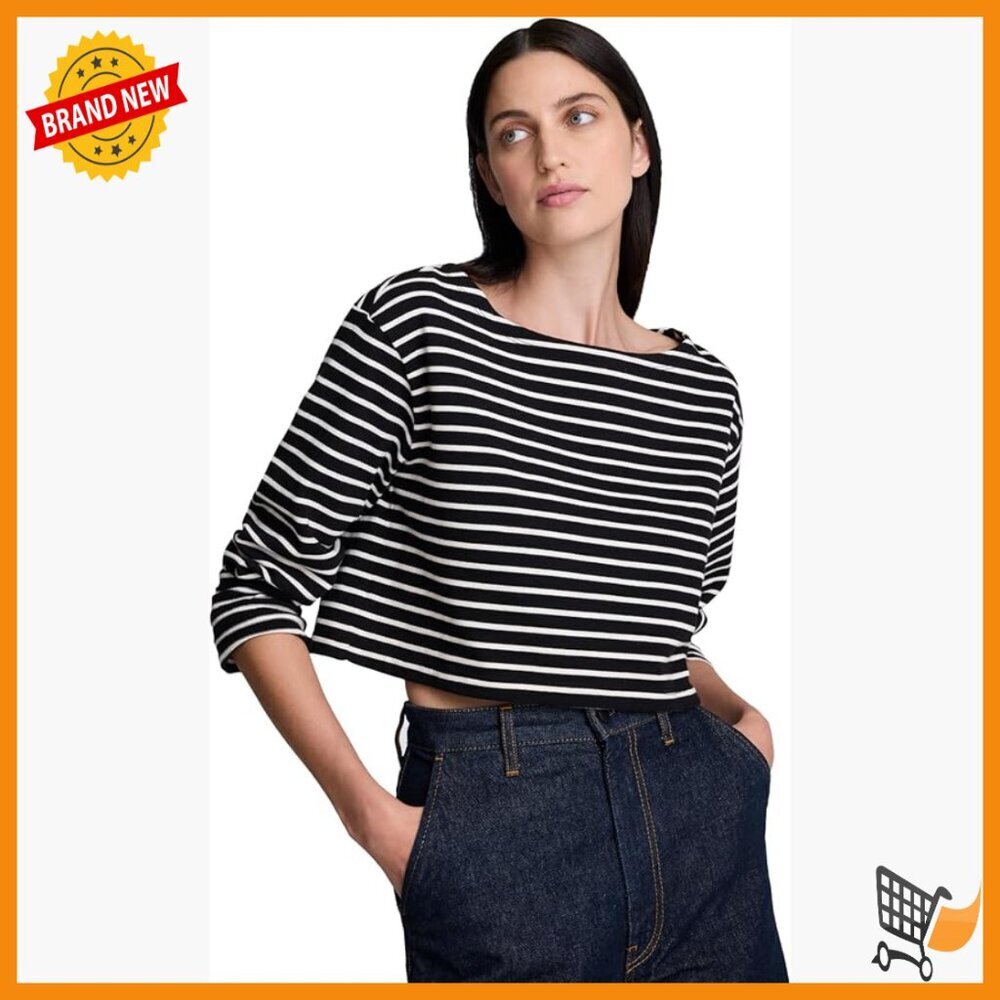 Long Sleeve Striped Cotton Cropped Top Regular Fit Boat Neck